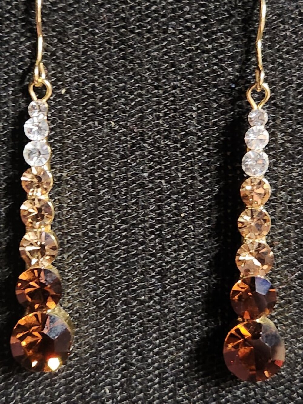 Gold Tone Amber & Champagne Rhinestone Dangle Earrings